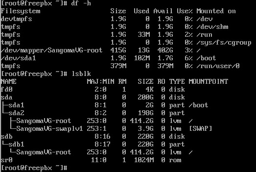 команды df, lsblk в консоли FreePBX